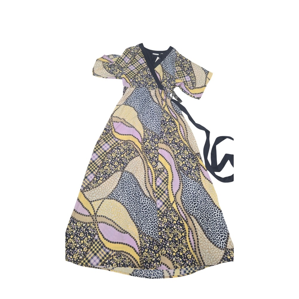 New York & Company Mixed Print Maxi Wrap Dress Floral Plaid Leopard Navy Small